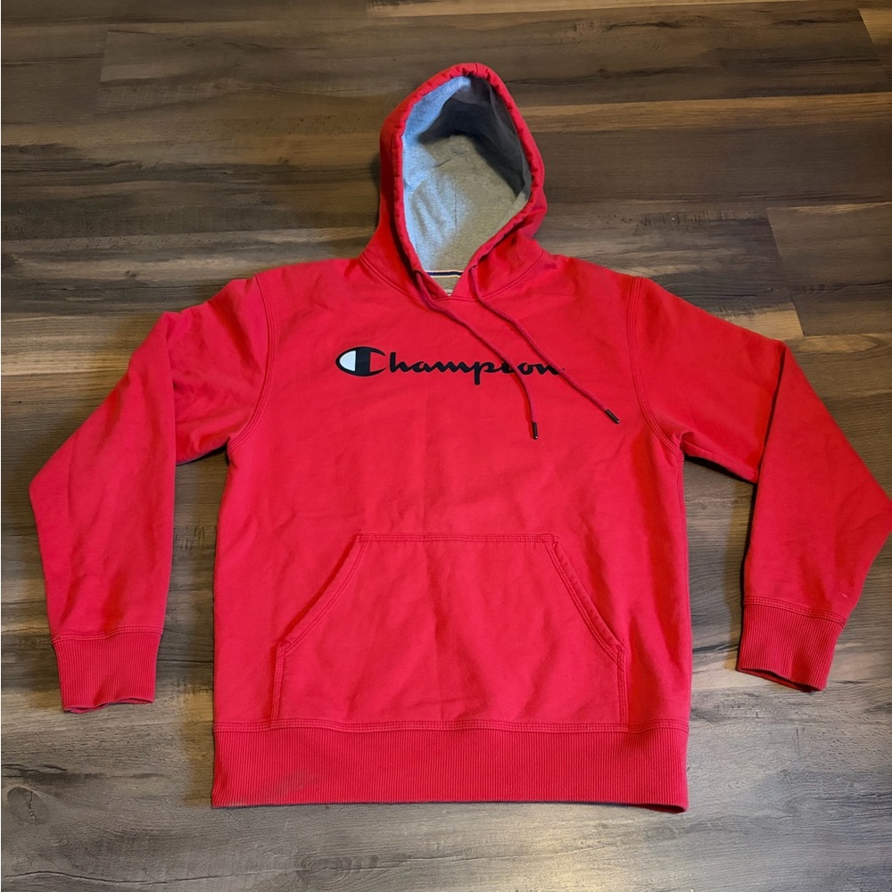 Mens Red Champion Hoodie with Black Letters